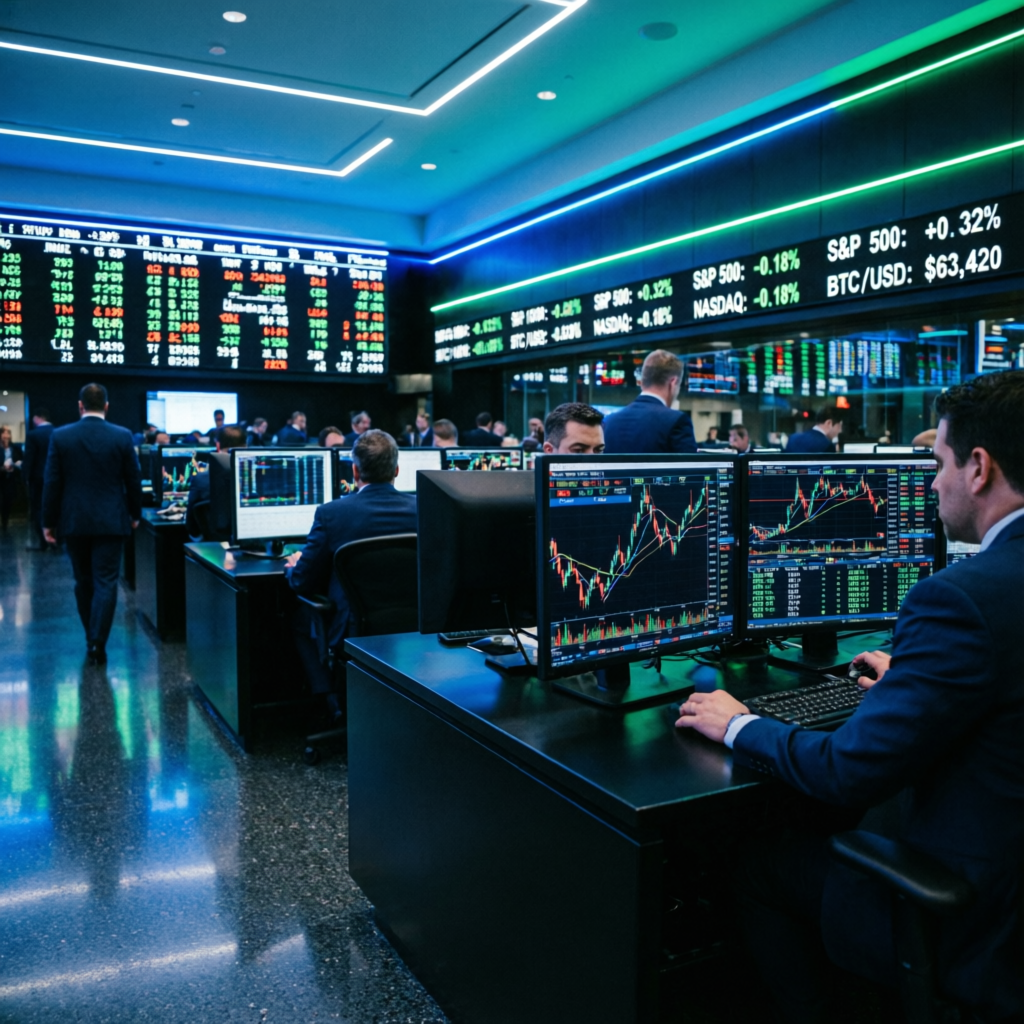 Professional futures trading floor with multiple traders and advanced platforms