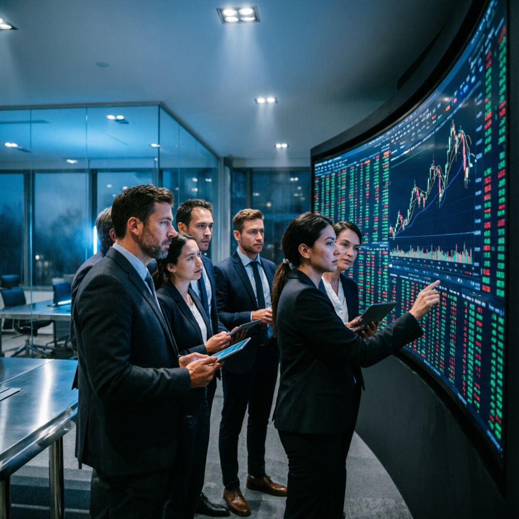 Team of financial analysts reviewing trading data and risk management strategies