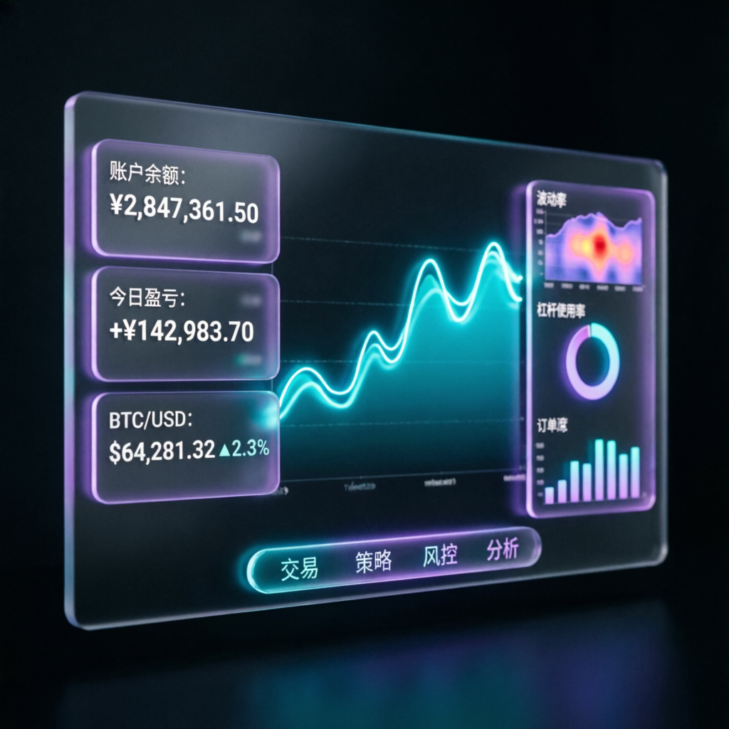 Futuristic trading platform interface showing multiple data panels and profit metrics
