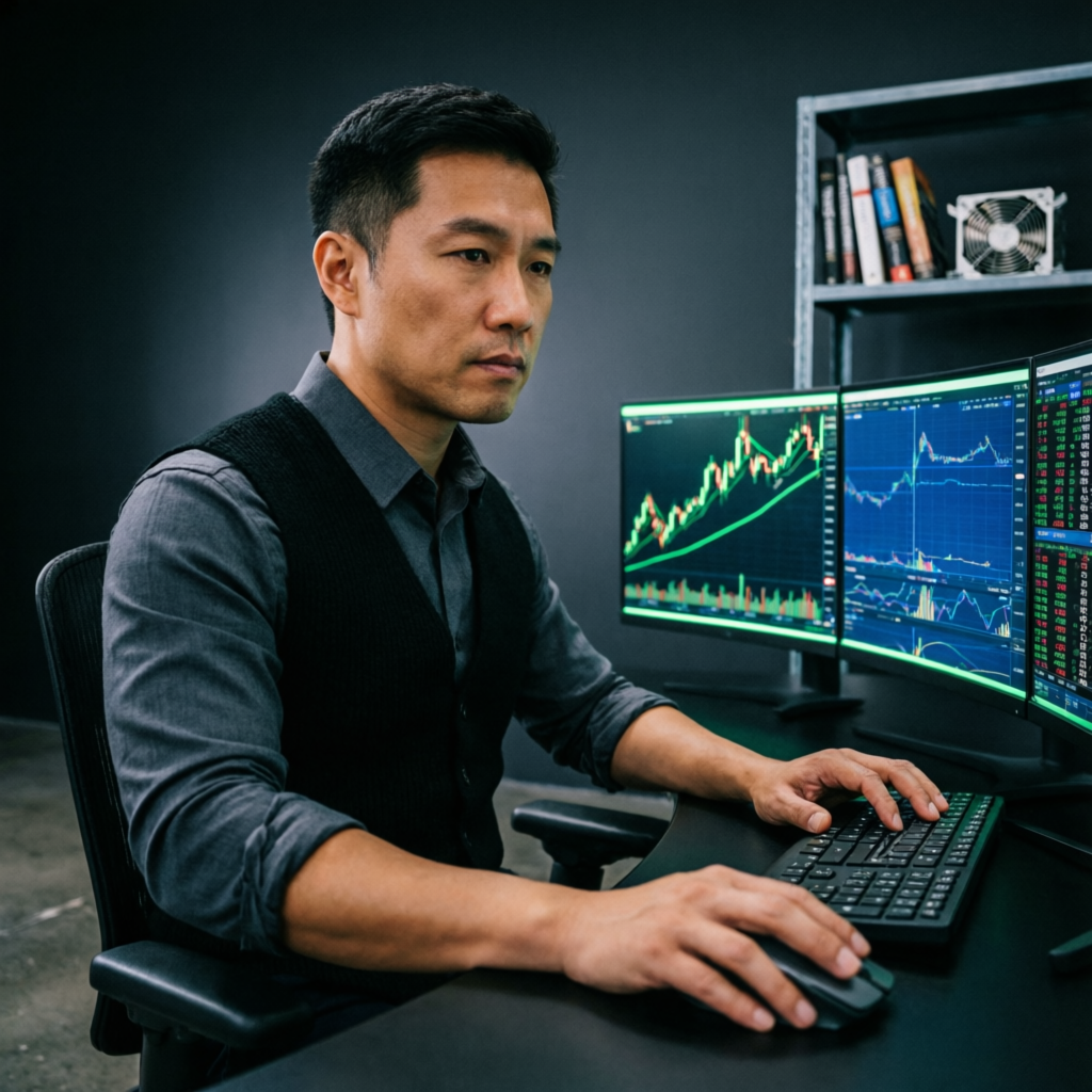 Professional forex trader analyzing Topstep futures charts on multi-monitor setup
