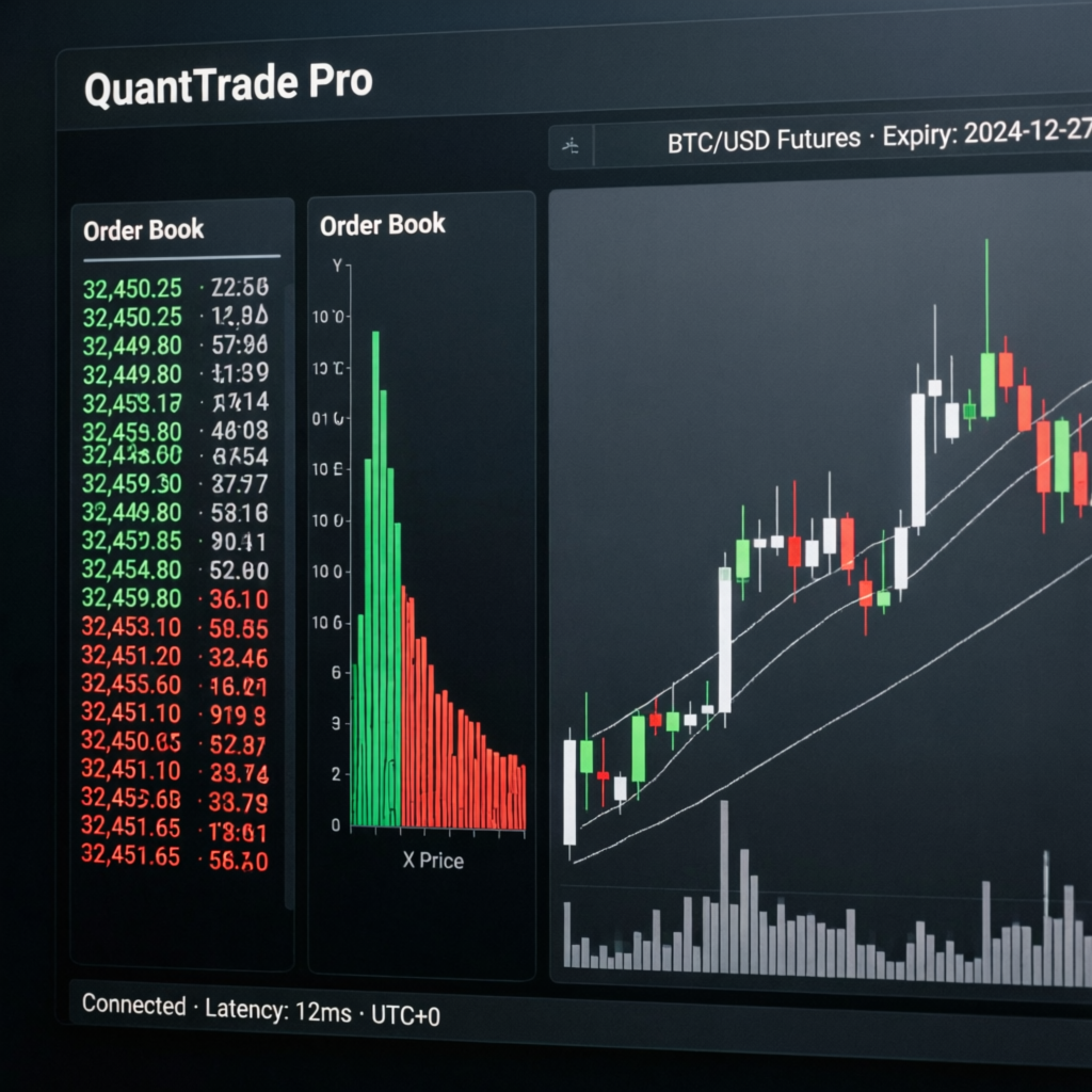 Professional trading platform interface showing order book and candlestick charts