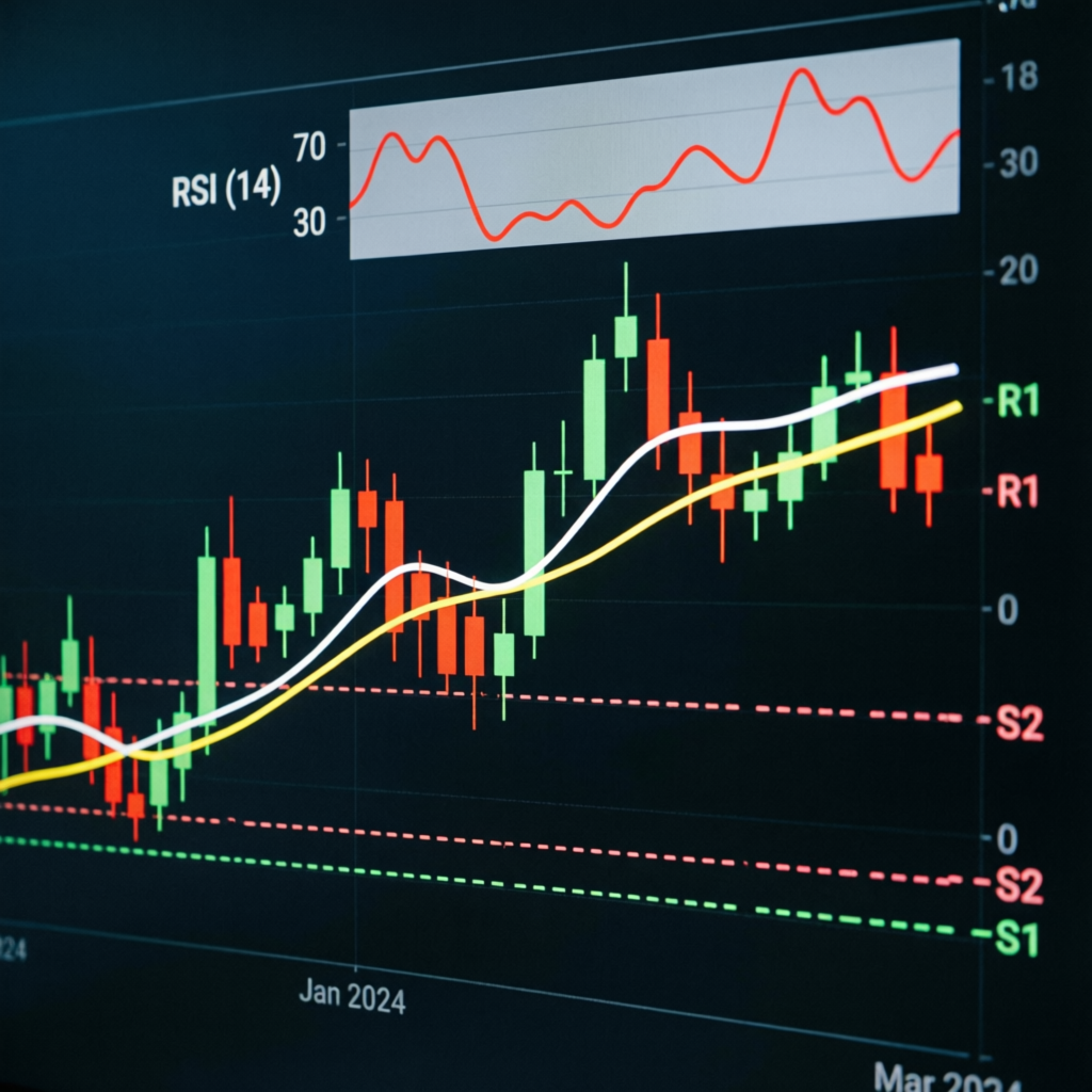 Professional trading strategy chart showing RSI indicator and support resistance levels