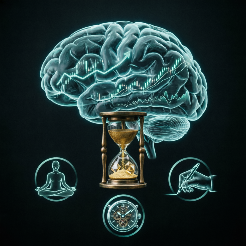 Trading psychology visualization showing brain with chart patterns and meditation concept