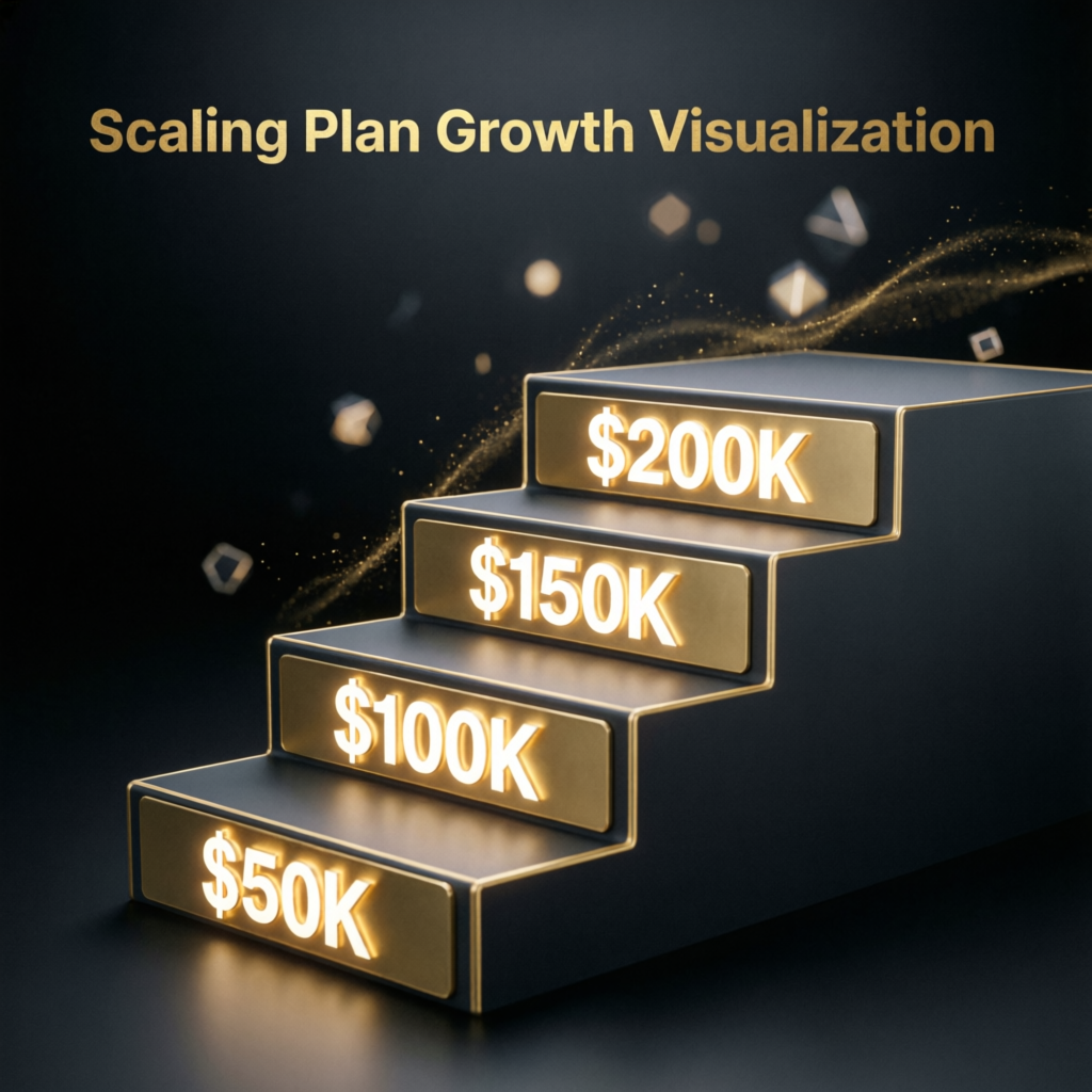 Topstep scaling plan growth visualization showing $50K $100K $150K $200K levels