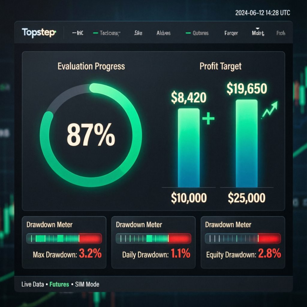 Topstep Trading Combine dashboard showing evaluation progress and drawdown meters
