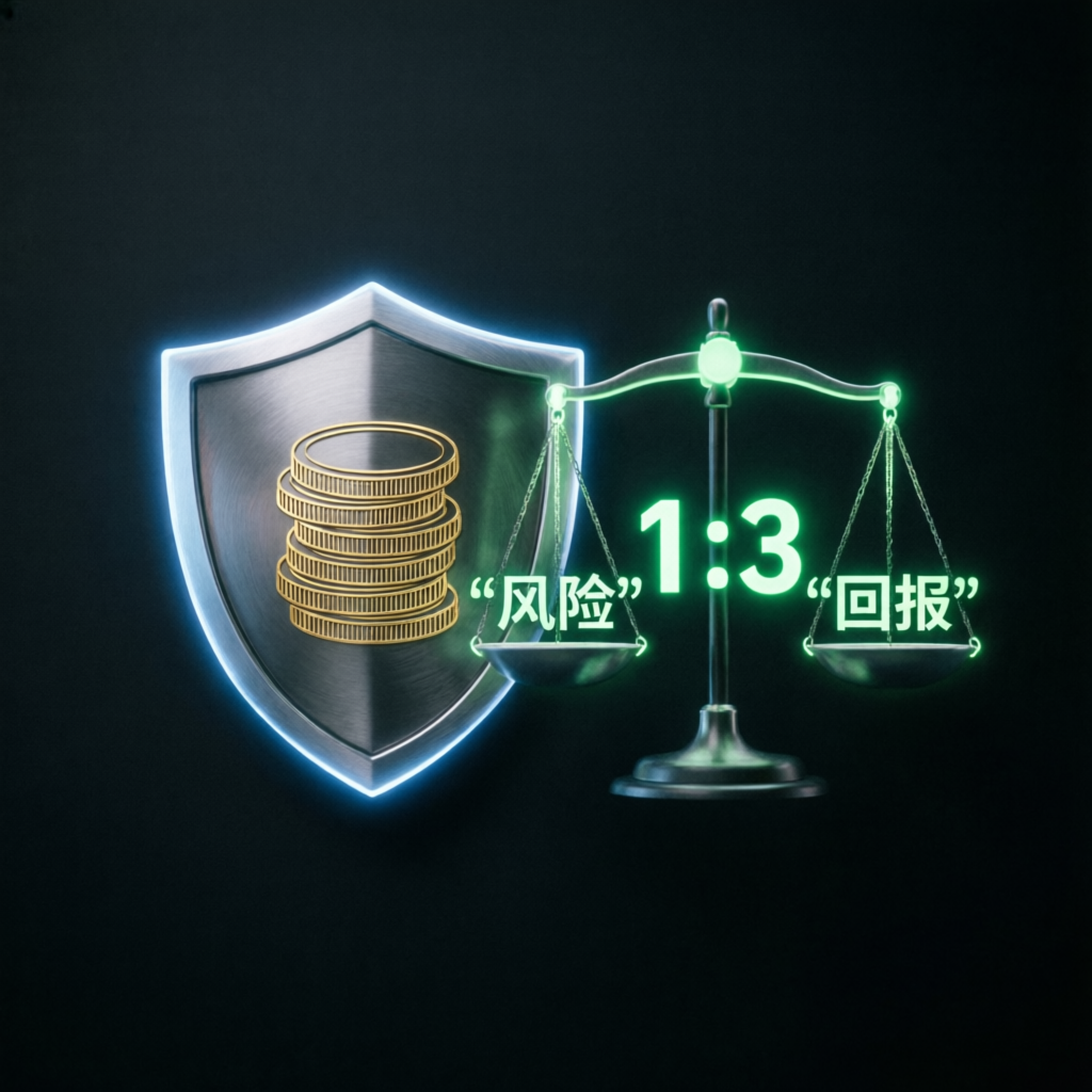 Risk management concept showing shield protection and risk-reward ratio balance scale