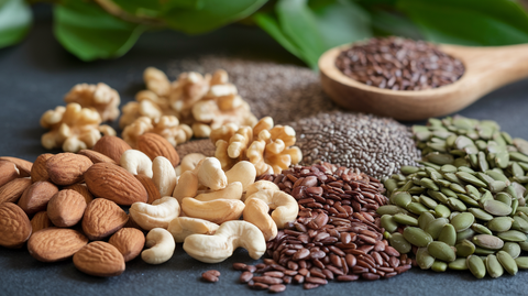 Assortment of raw nuts and seeds including almonds, cashews, walnuts, chia seeds, flaxseeds and pumpkin seeds on a dark slate surface