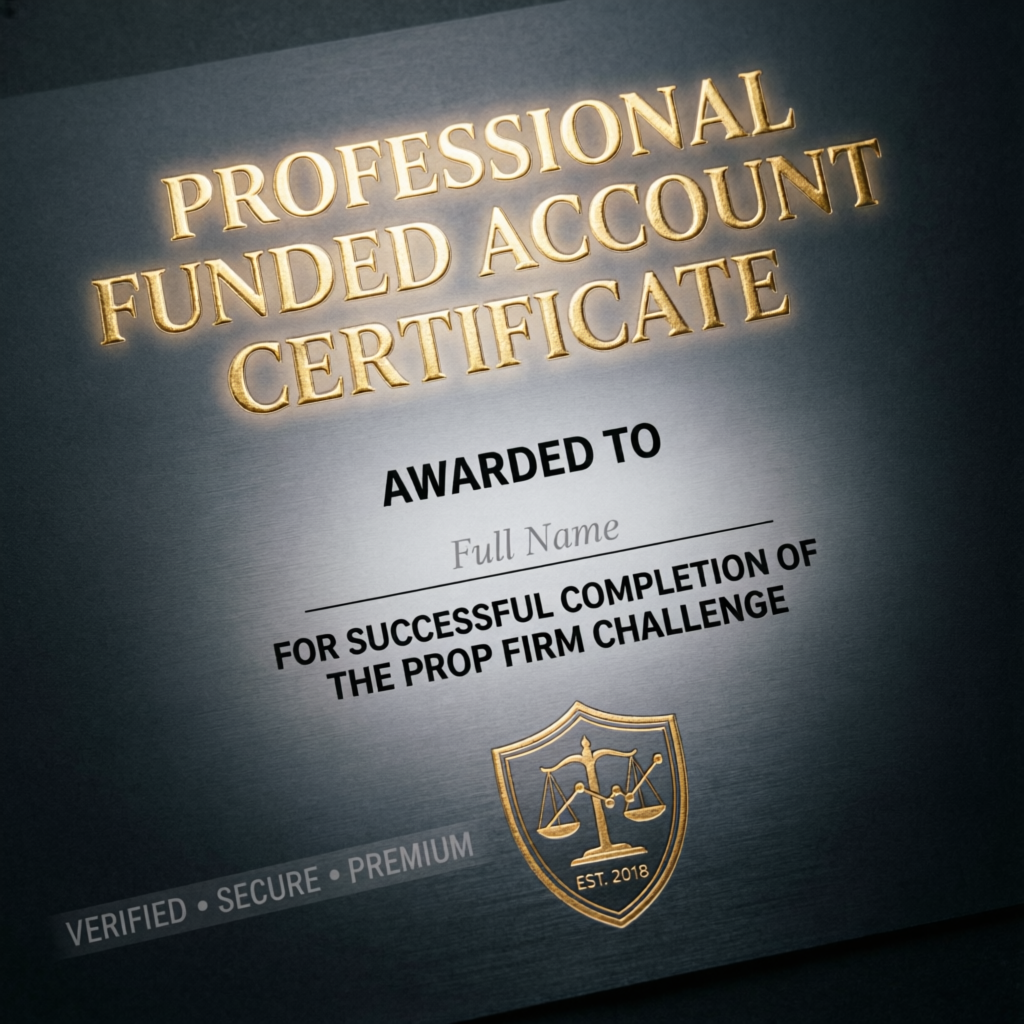 Professional funded account certificate awarded for successful completion of prop firm challenge