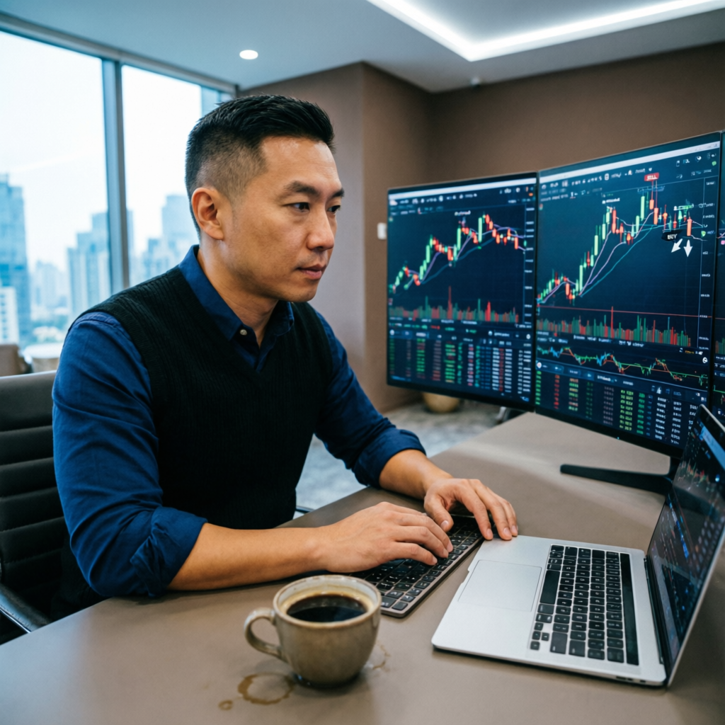 Professional forex trader analyzing charts and managing a funded trading account at PFM Capitals