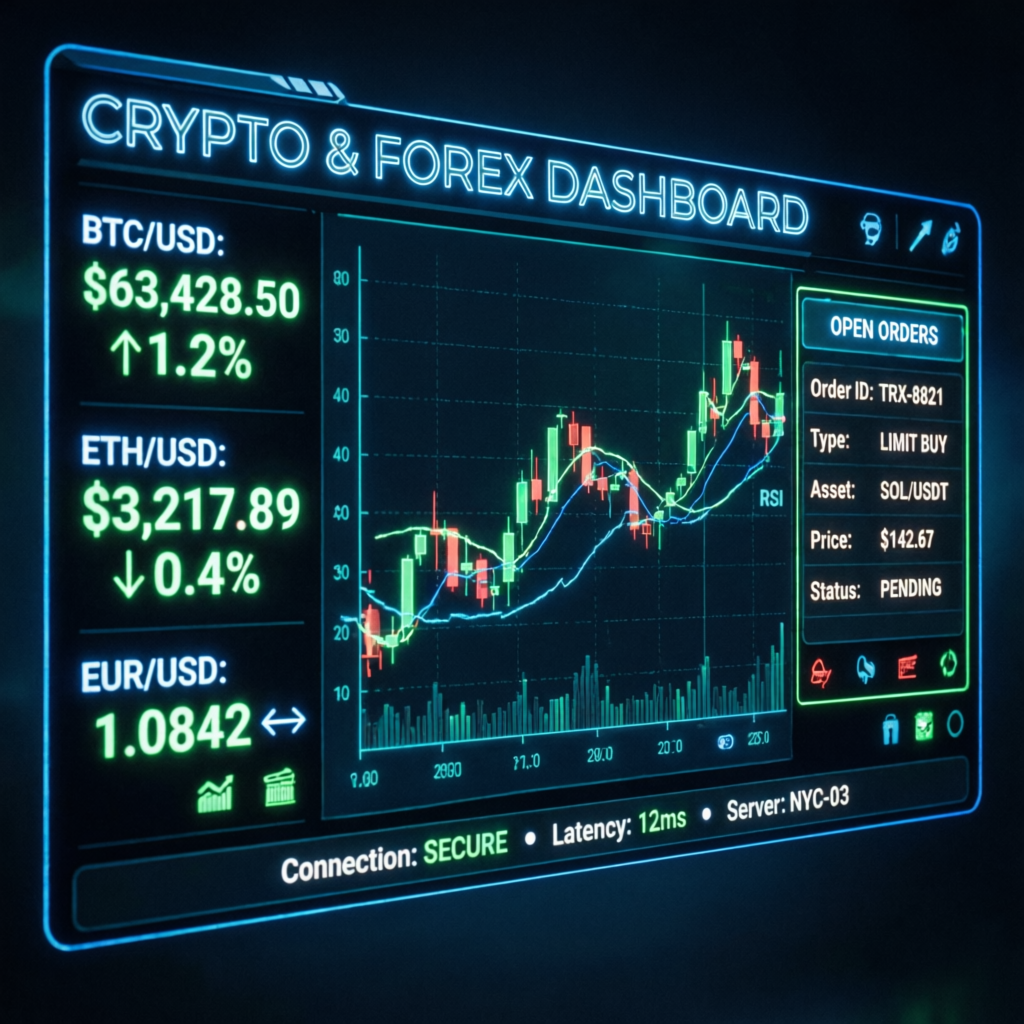 Futuristic trading dashboard showing forex and crypto data - prop firm evaluation monitoring