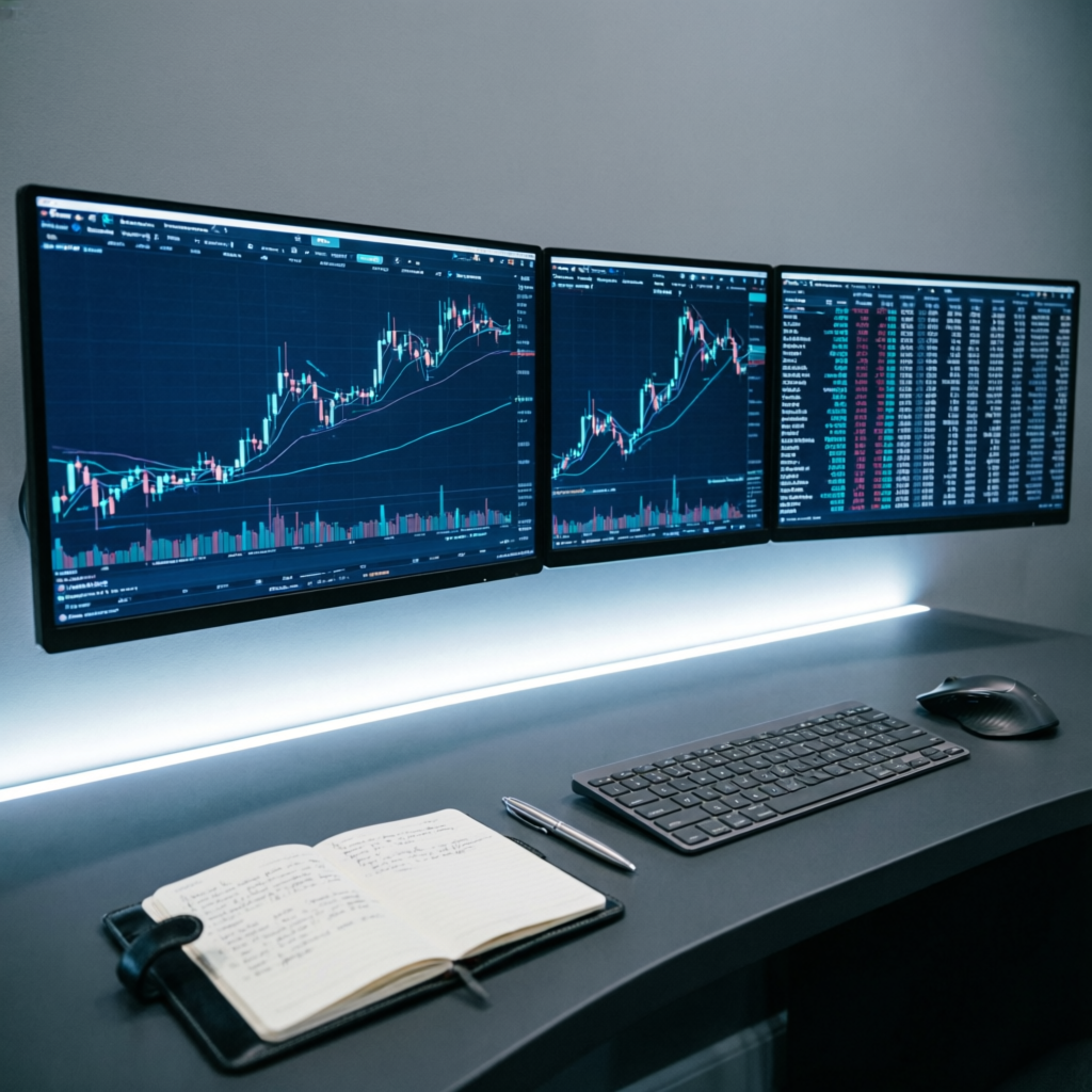 Professional trading desk setup with multiple monitors showing forex charts - PFM Capitals prop firm passing service