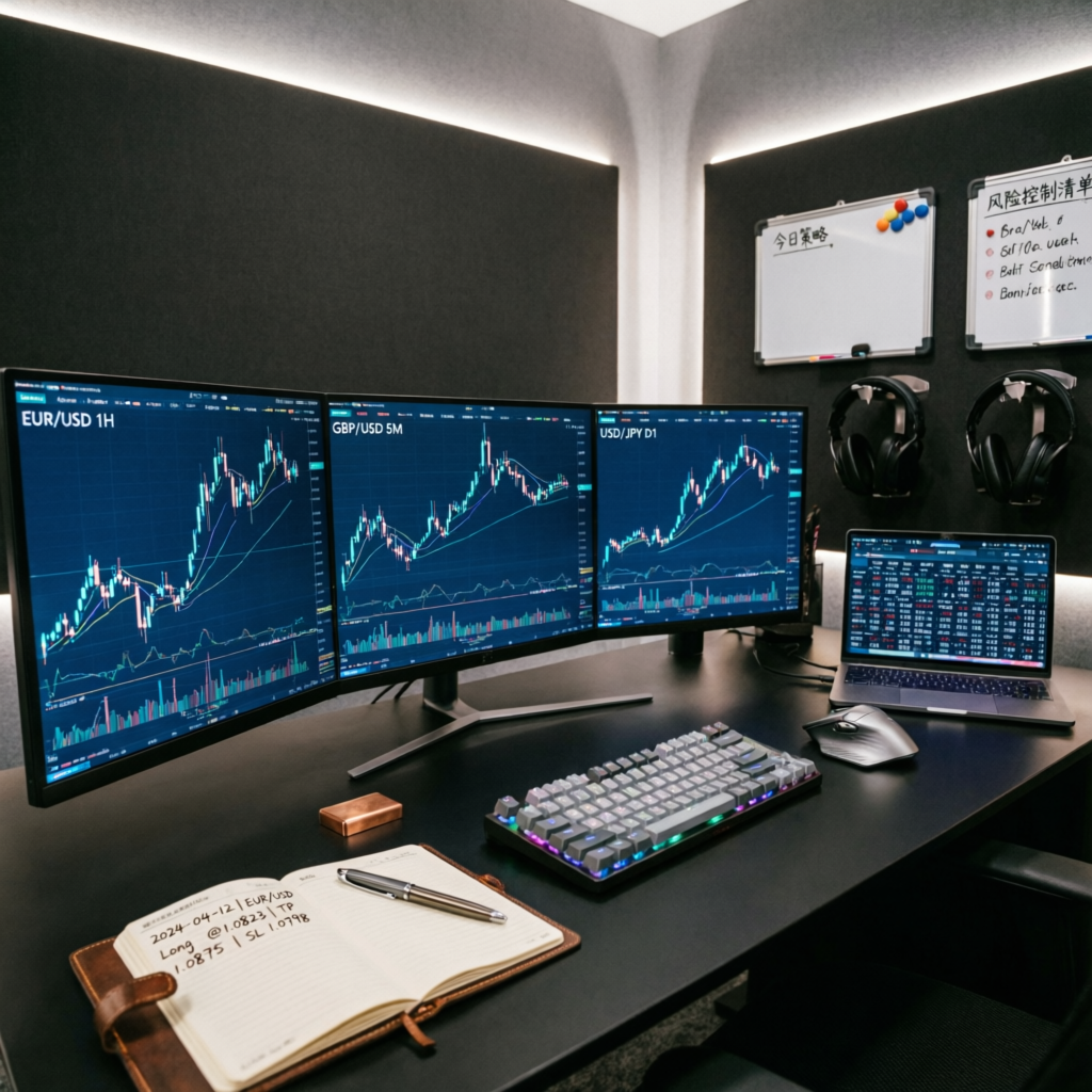 Trading setup with multiple monitors showing prop firm challenge progress at PFM Capitals