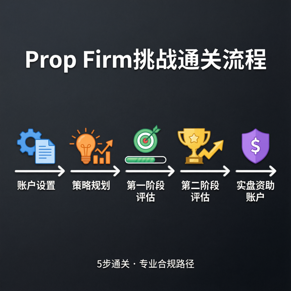 Prop Firm challenge passing process infographic showing 5 steps from account setup to funded account