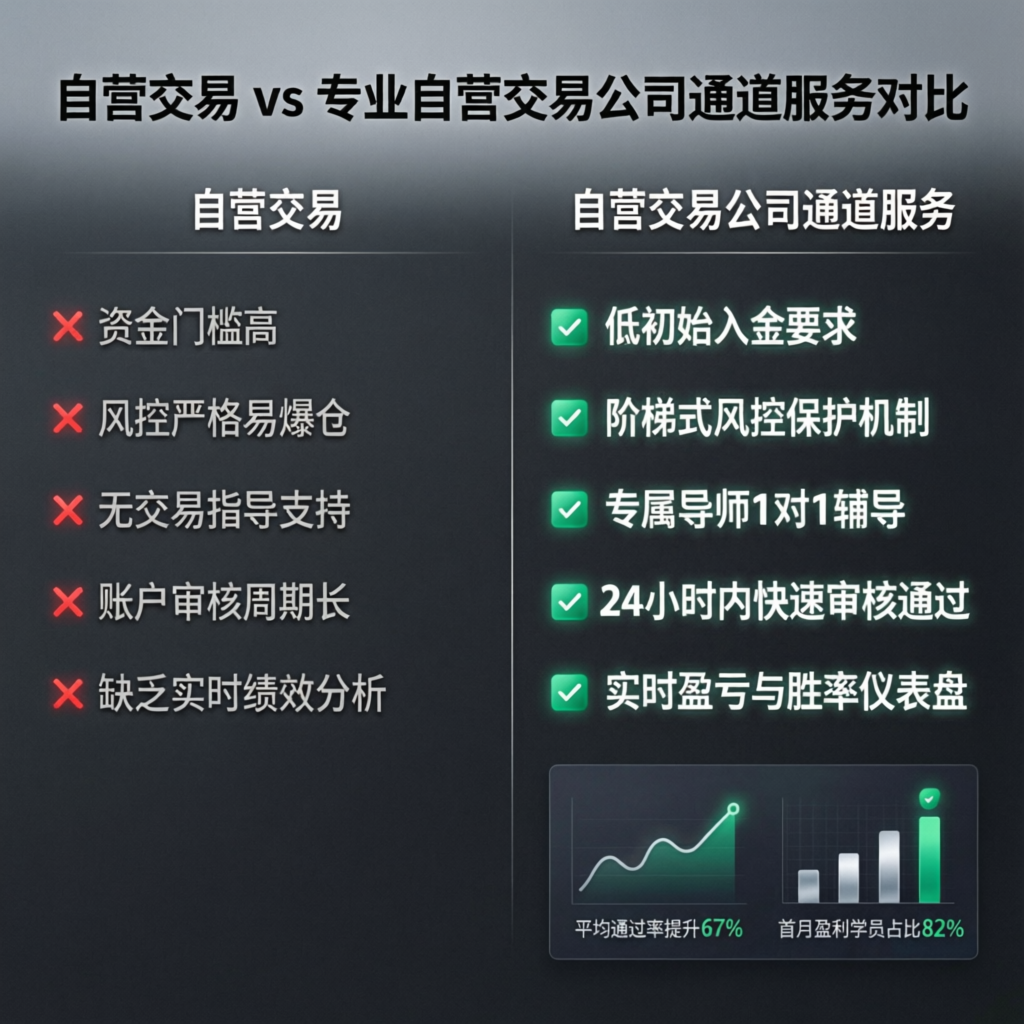 Comparison between self-trading and professional prop firm passing service showing advantages of using expert funded account management
