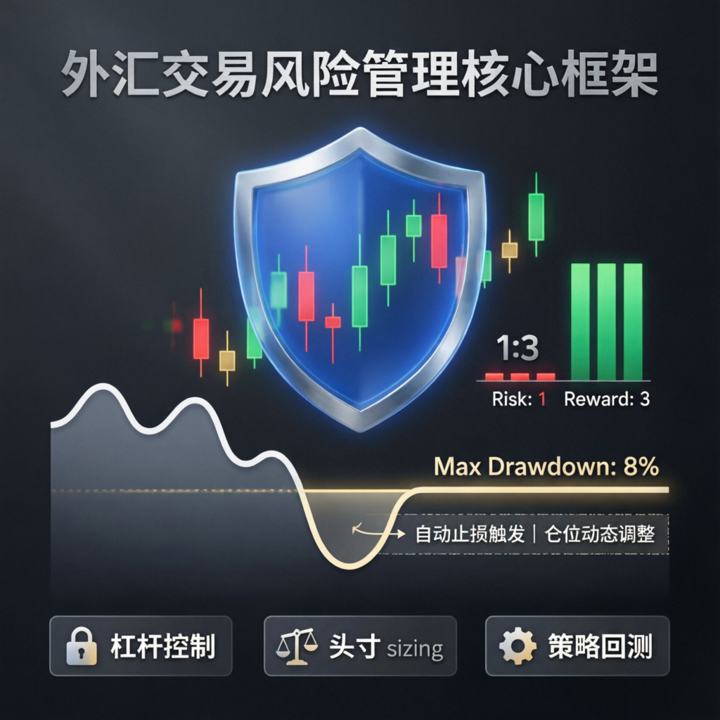 Forex trading risk management framework showing drawdown protection, position sizing, and strategy optimization