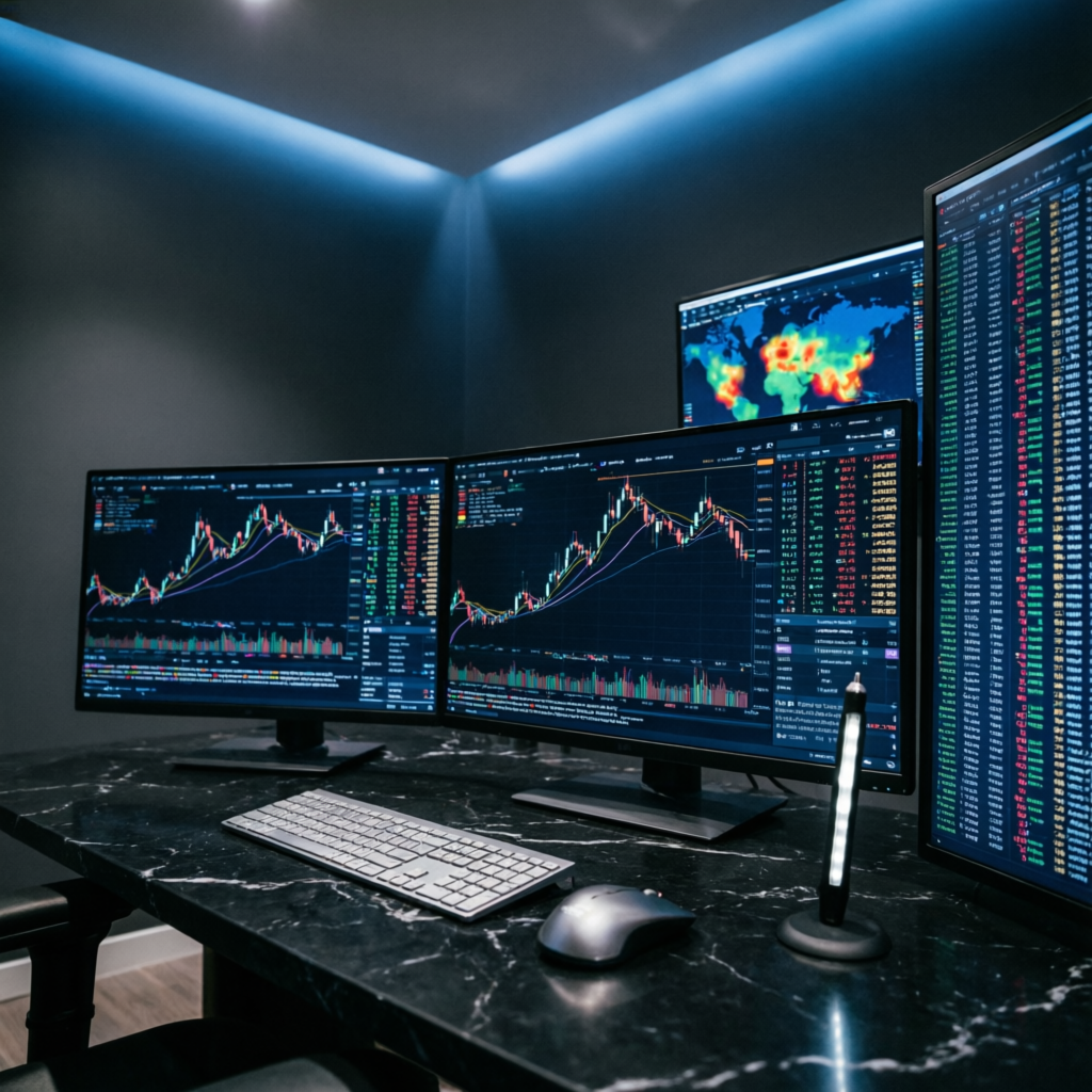 Professional forex trading workstation with multiple monitors showing prop firm challenge progress and trading charts