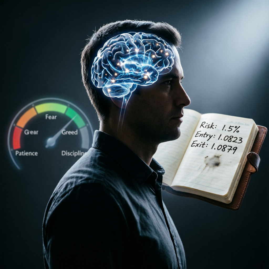 Trading psychology concept showing emotional control, risk management, and disciplined decision making for prop firm success