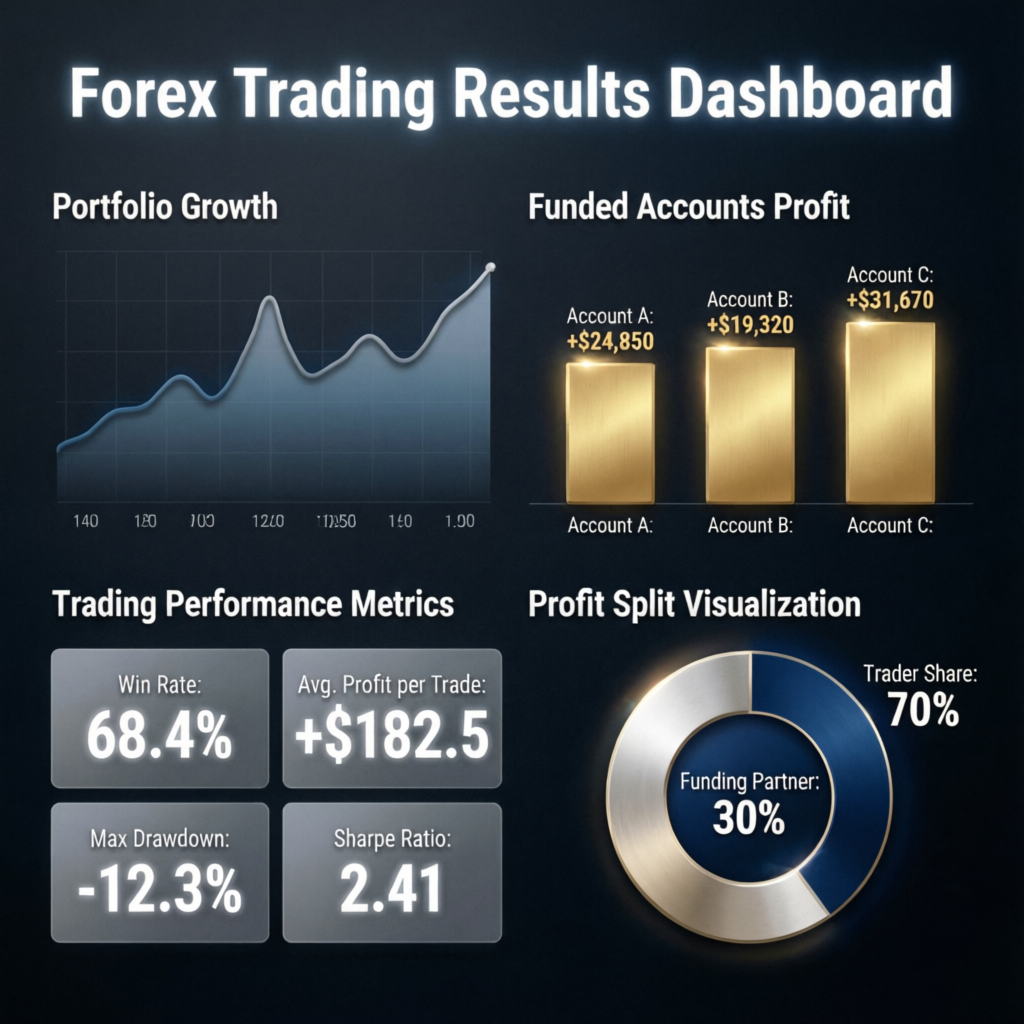 Forex trading results dashboard showing portfolio growth, funded account profits, and profit split visualization