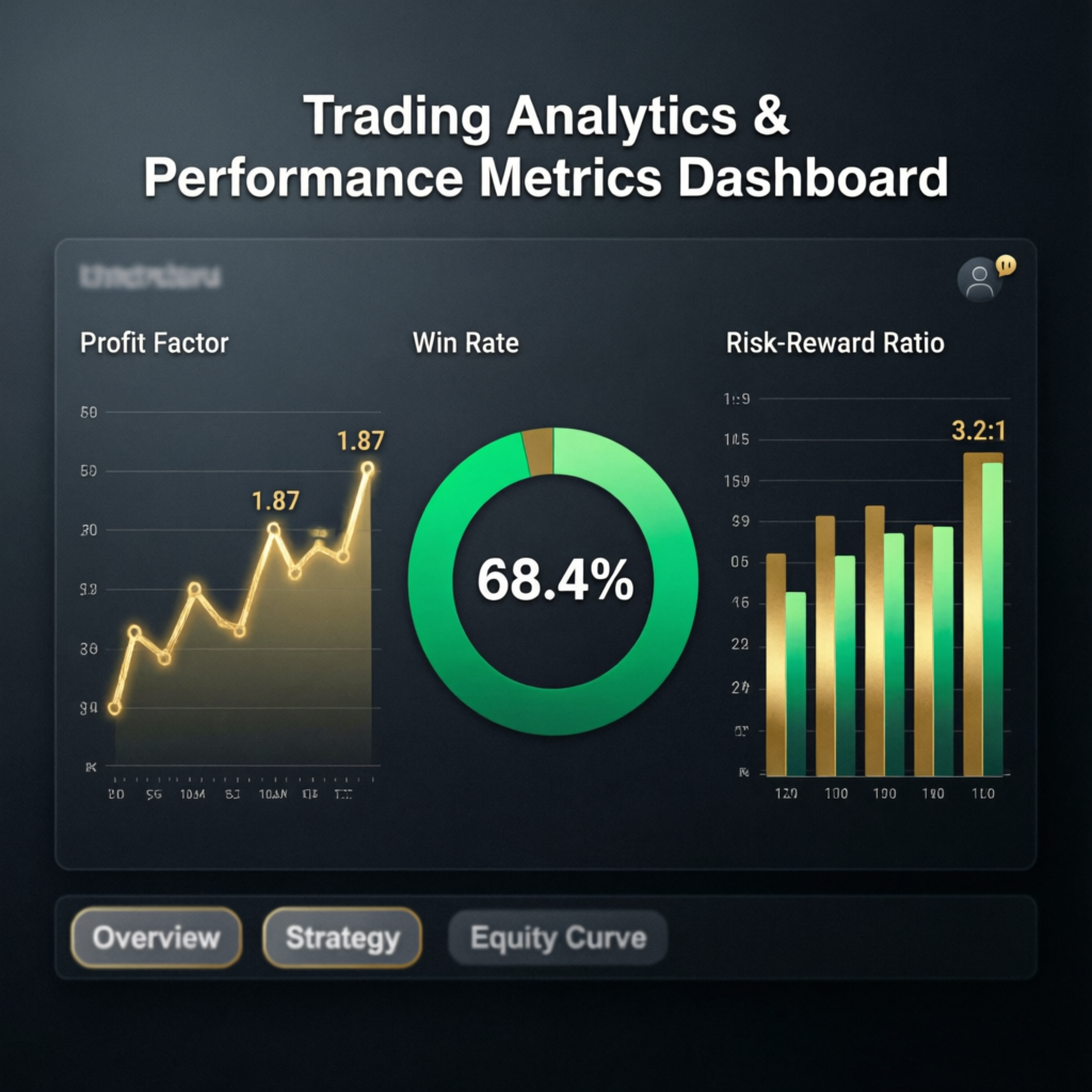 Trading analytics dashboard showing win rate, profit factor, and risk-reward metrics