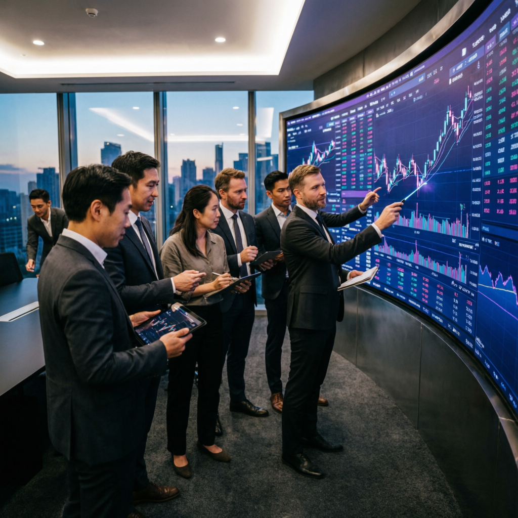 Professional trading team analyzing markets and managing funded accounts