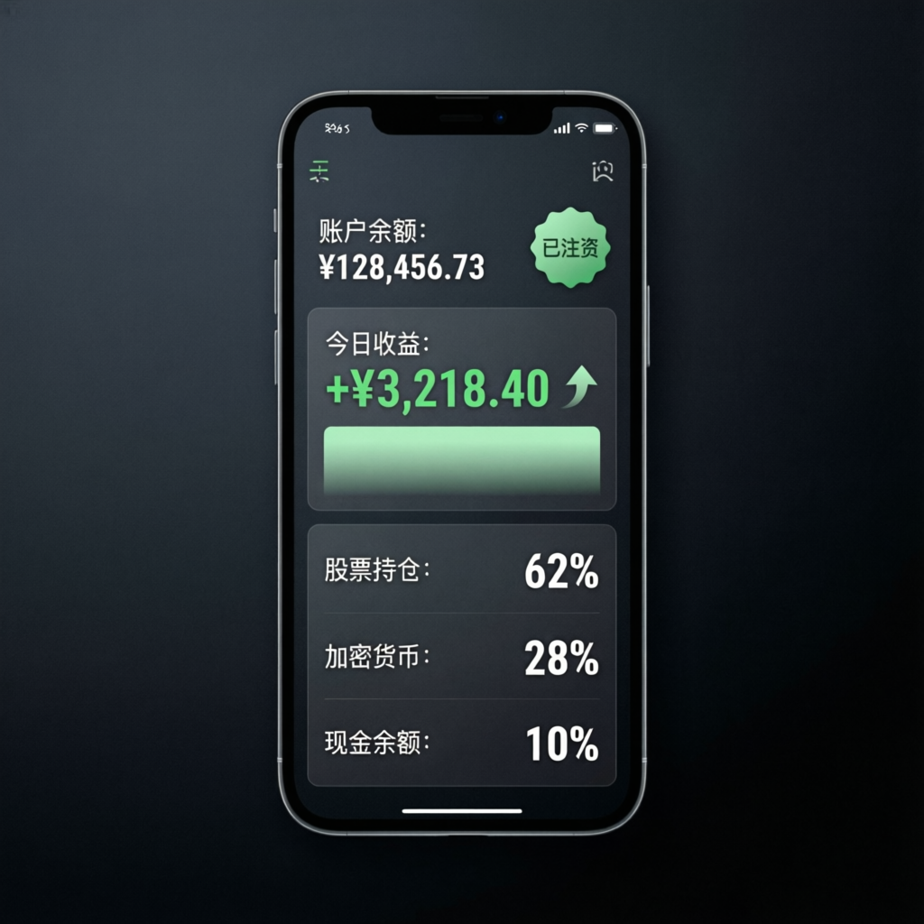 Mobile trading app showing funded account profits and portfolio allocation
