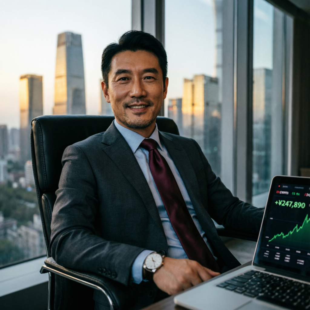 Successful professional trader with laptop showing profit charts in modern office