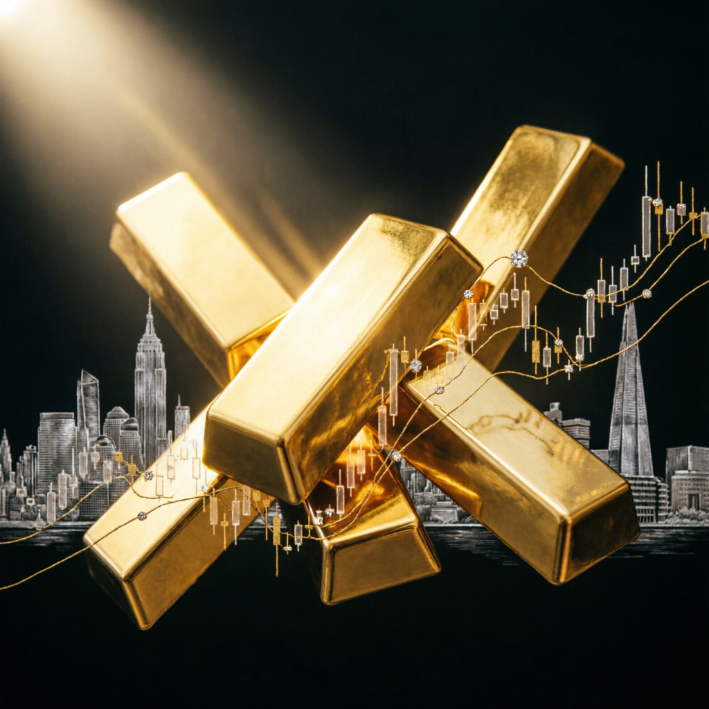 Gold bars with trading charts representing wealth and trading success