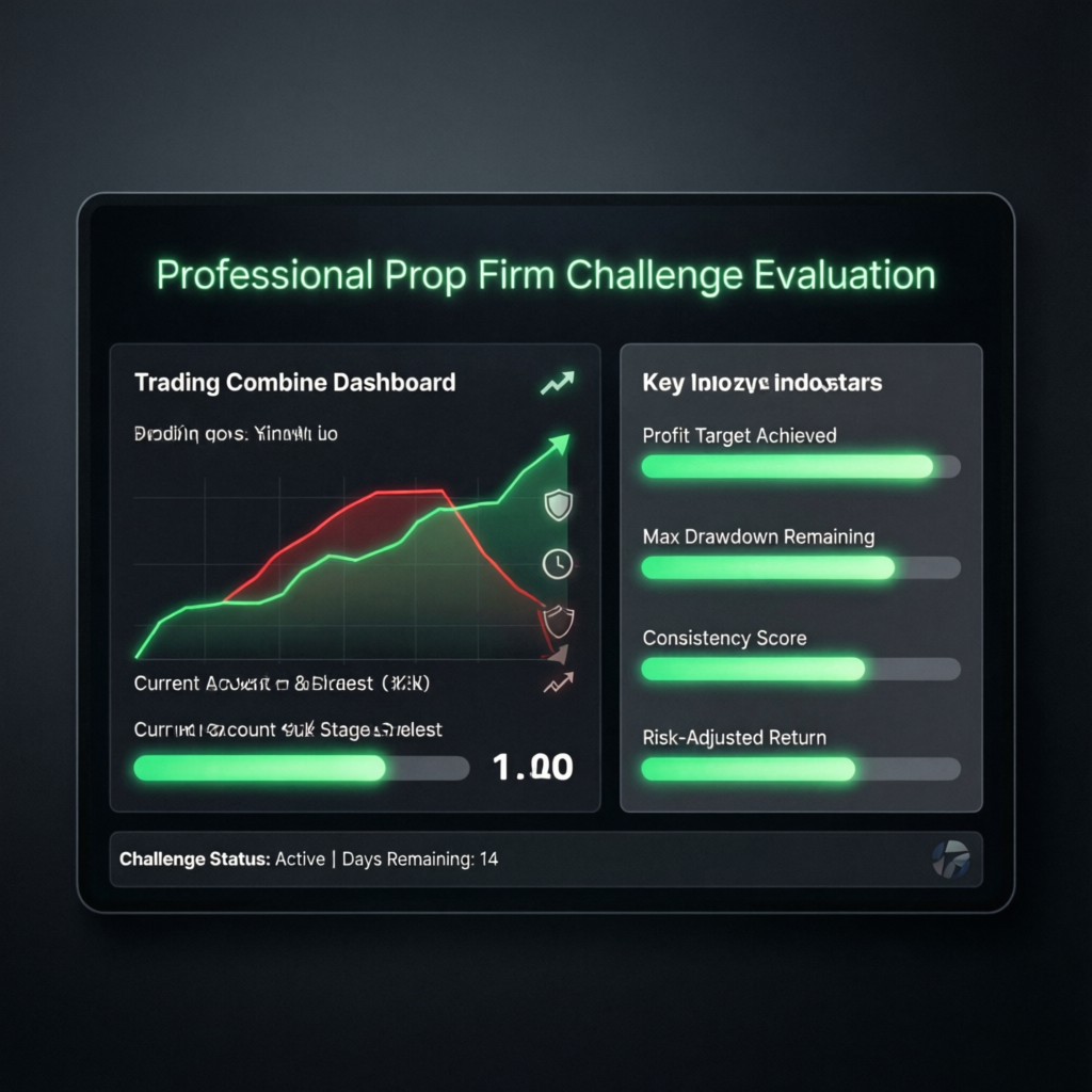 Professional prop firm challenge evaluation dashboard showing trading combine metrics