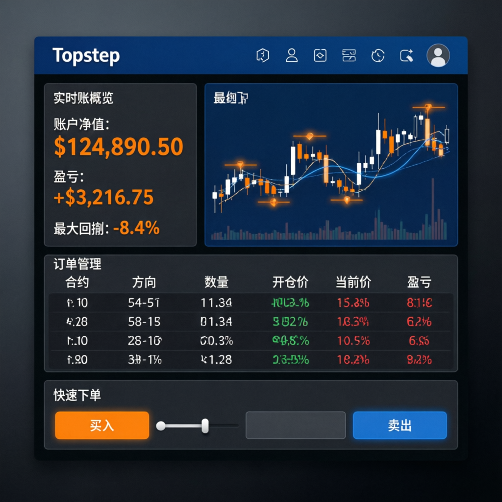 Topstep trading platform dashboard showing funded account with profit metrics