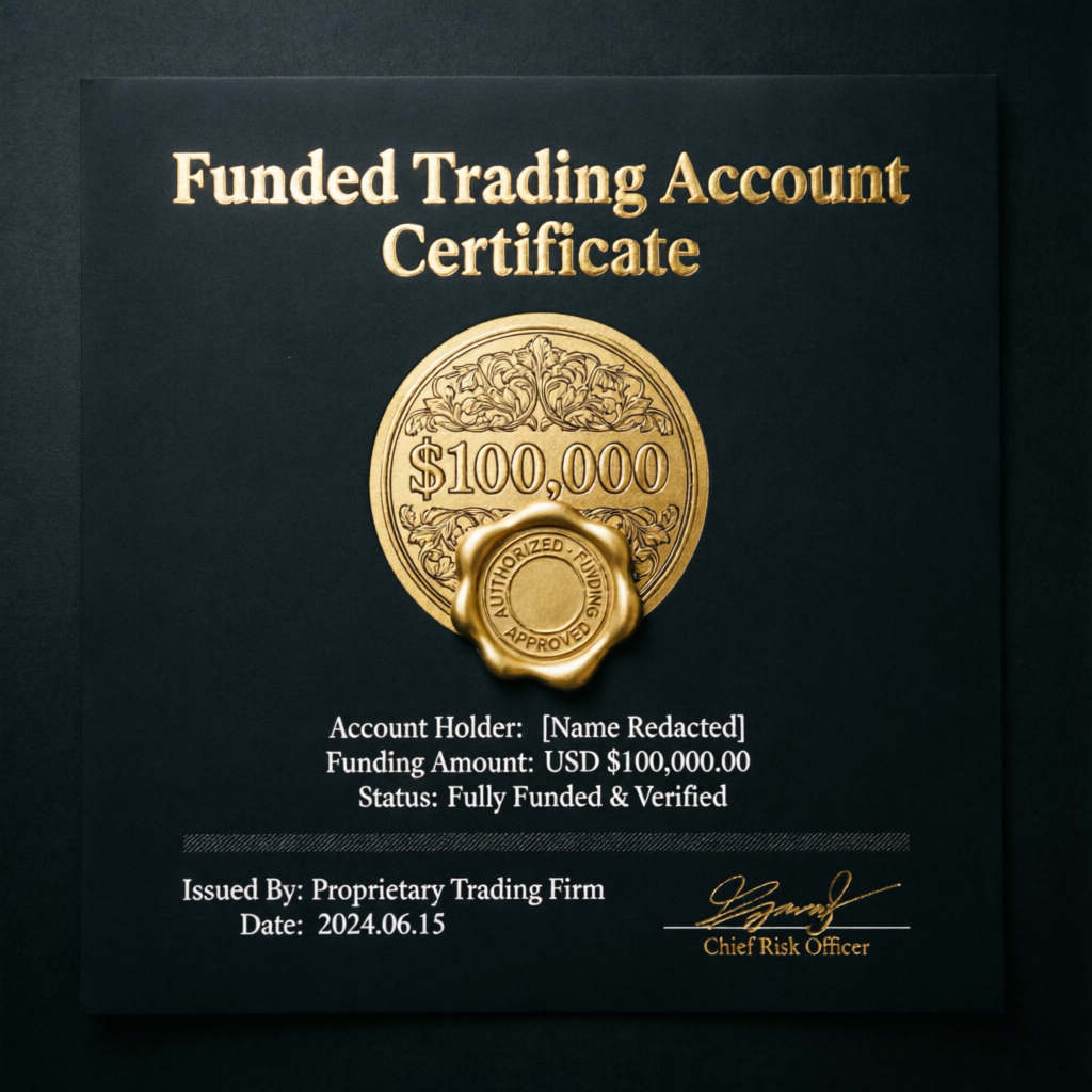 Funded trading account certificate showing $100,000 funding amount with gold seal