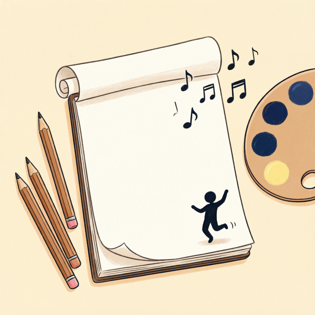 Sketchbook, pencils, paint palette and musical notes