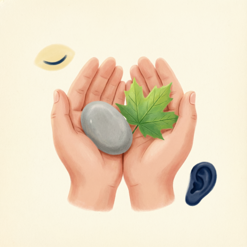 Hands holding a smooth stone and a leaf