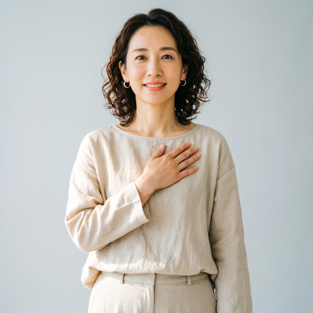 A person smiling gently with hand over heart