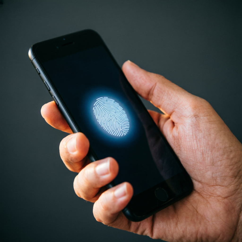 Hand holding a phone with a glowing fingerprint unlock