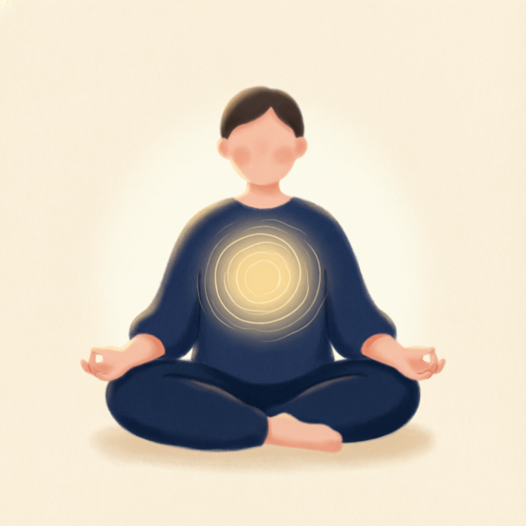 Person sitting cross-legged breathing calmly with glowing rings
