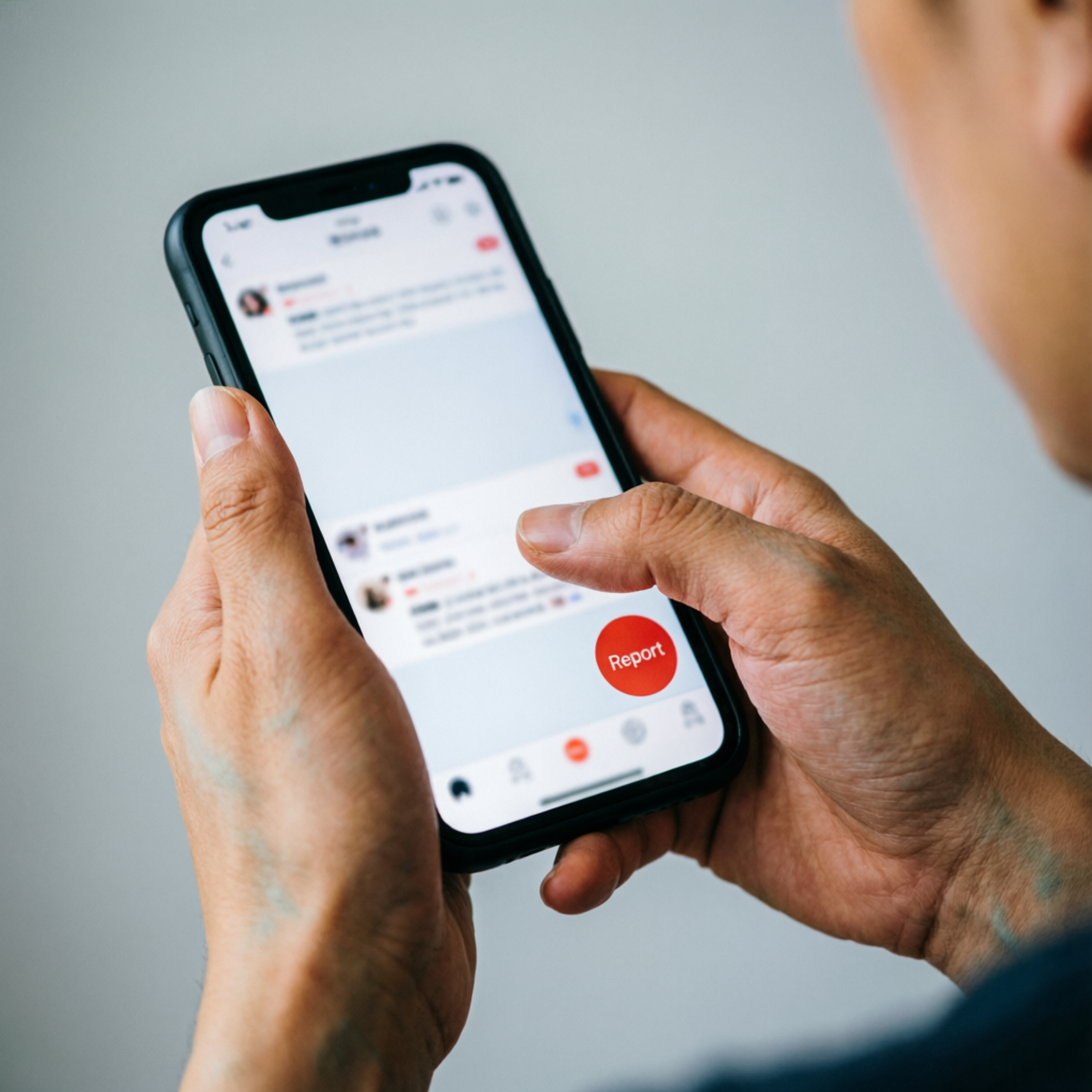 Hands holding a phone, tapping a red Report button