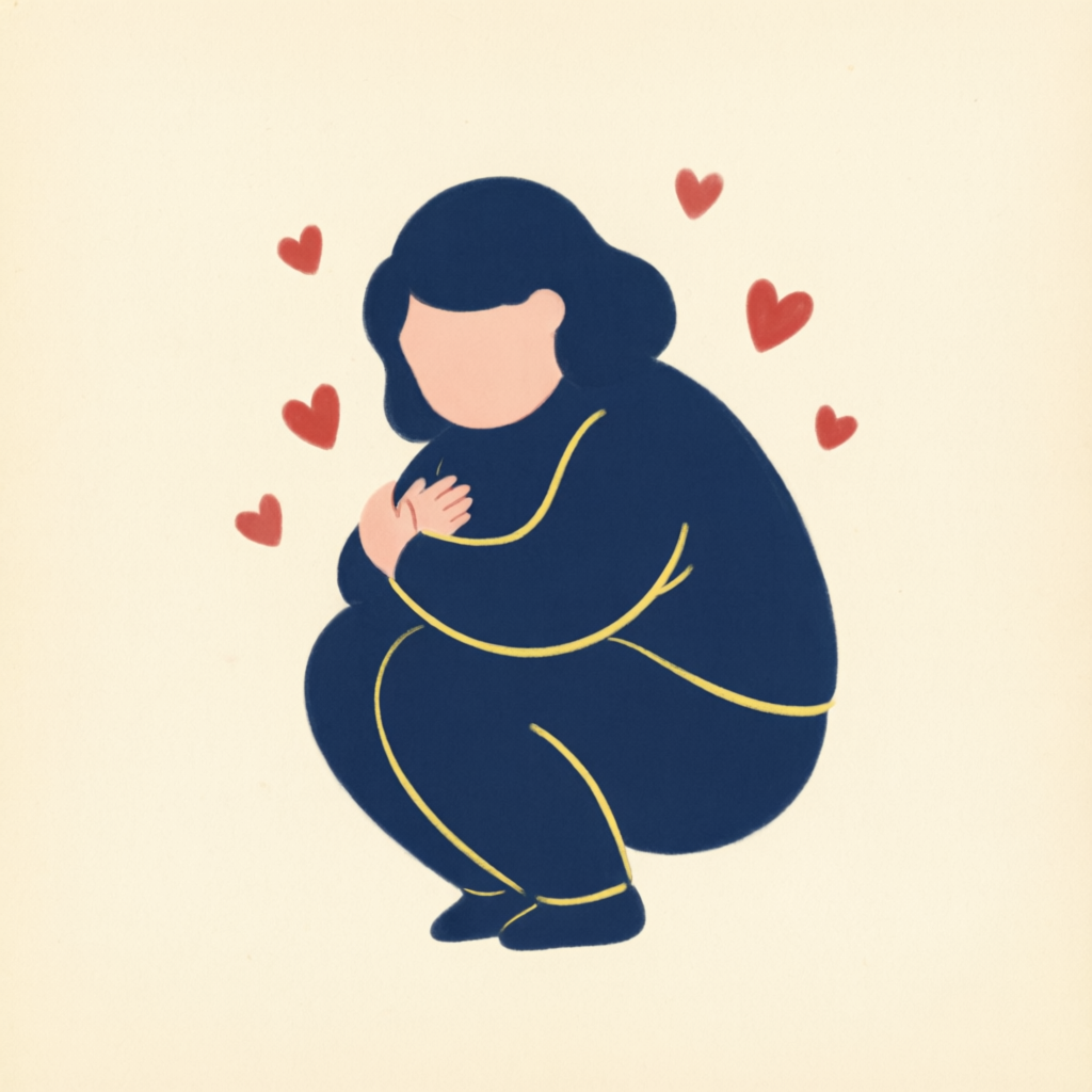 Person hugging themselves surrounded by hearts