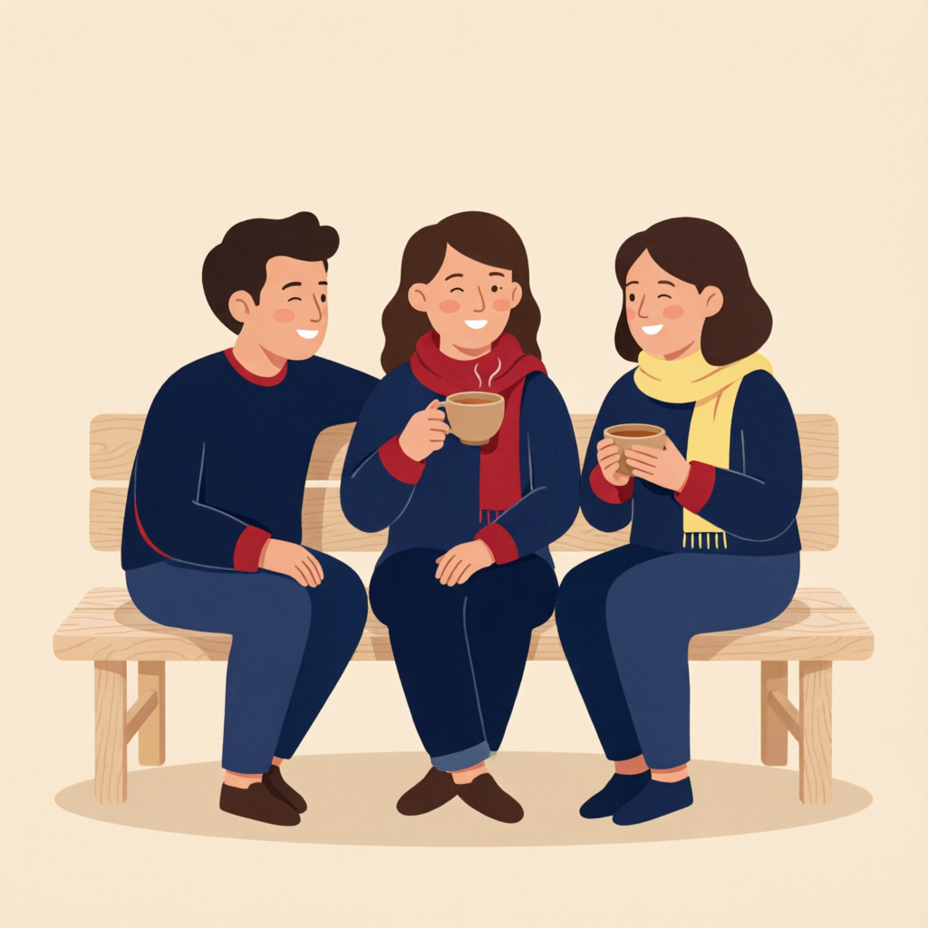 Three friends sitting together sharing tea