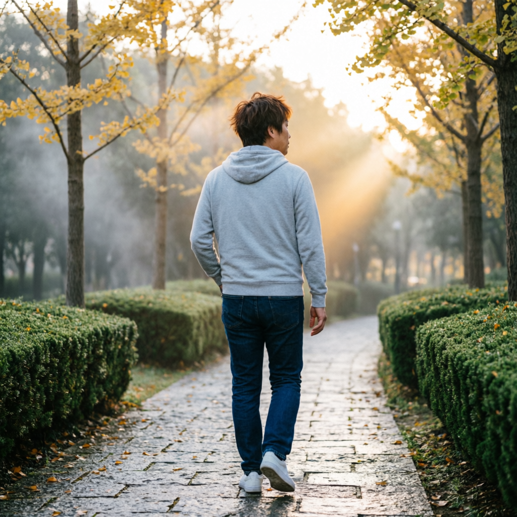 Person walking a quiet path toward sunrise