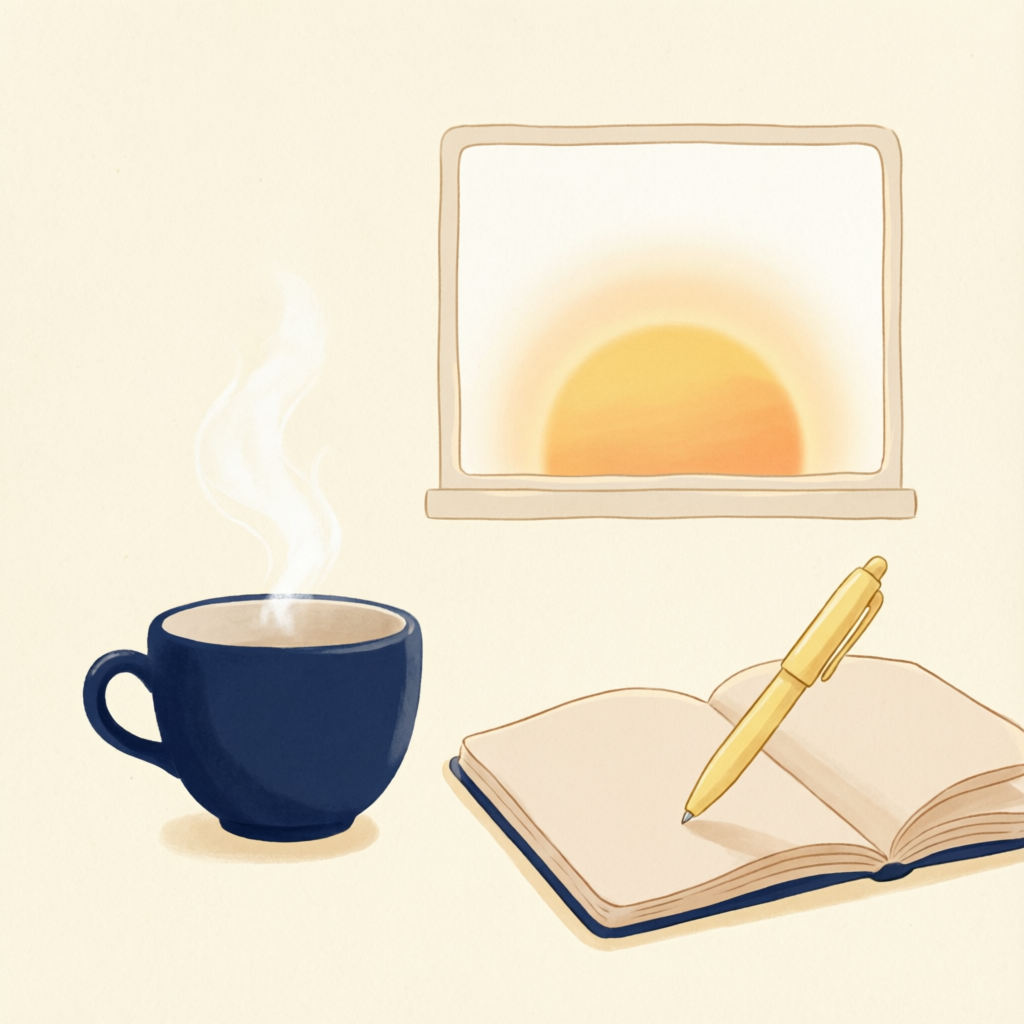 Morning routine with sunrise window, tea and journal