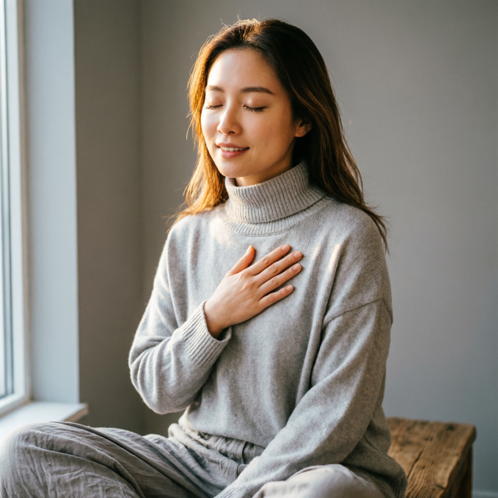 Person breathing calmly with hand on chest in soft light