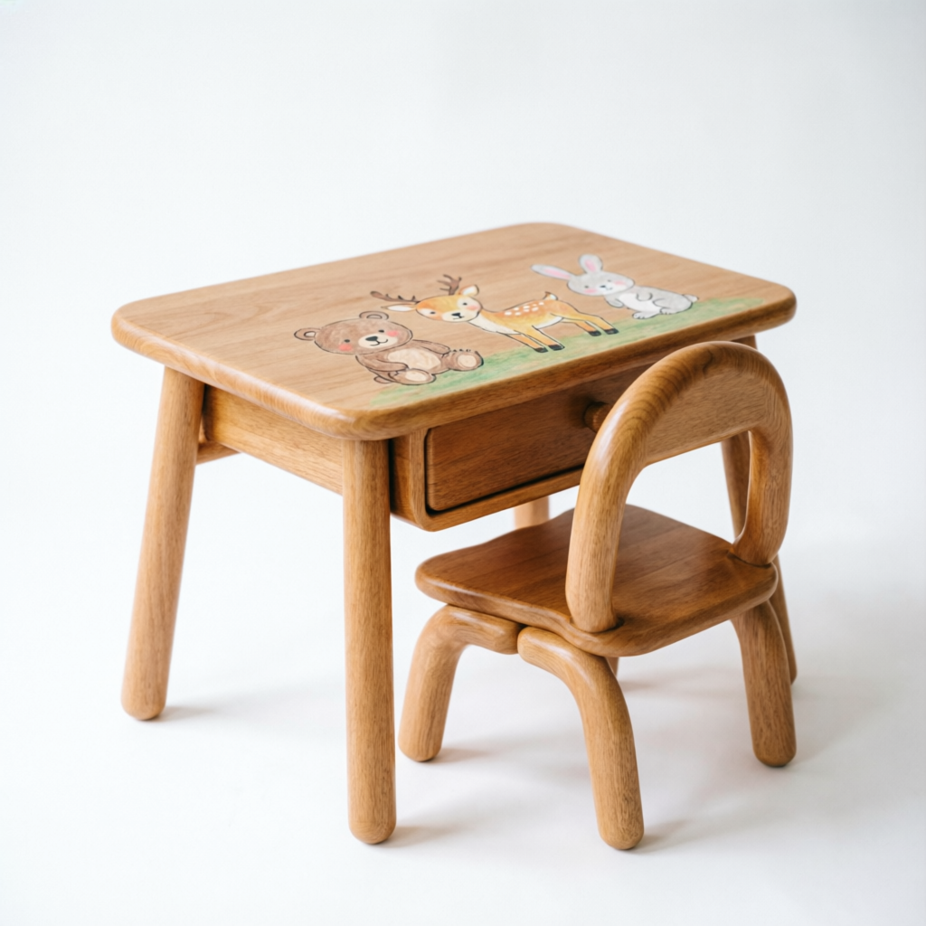 Mesa e cadeira infantil de madeira com gaveta