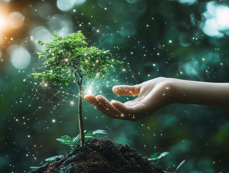Hands holding glowing digital globe