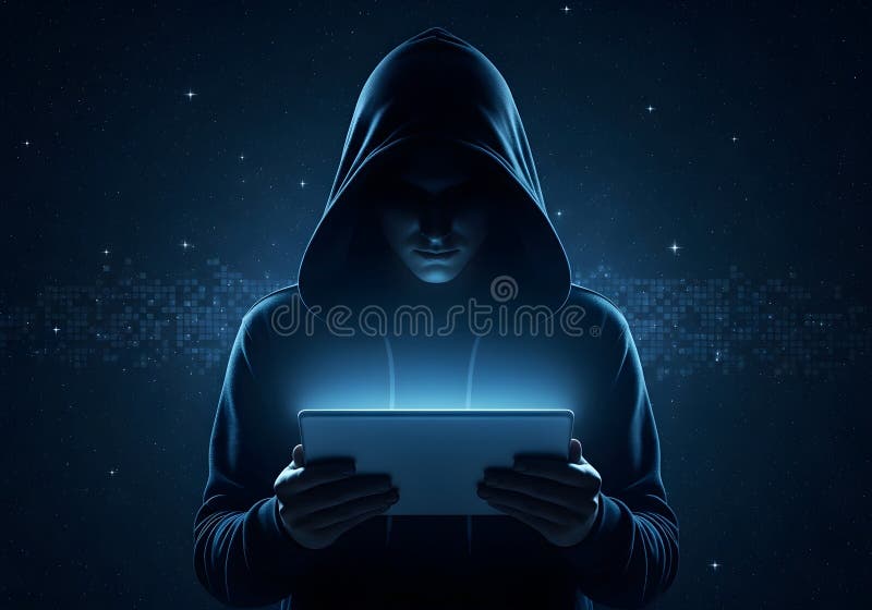Anonymous hooded figure holding glowing globe
