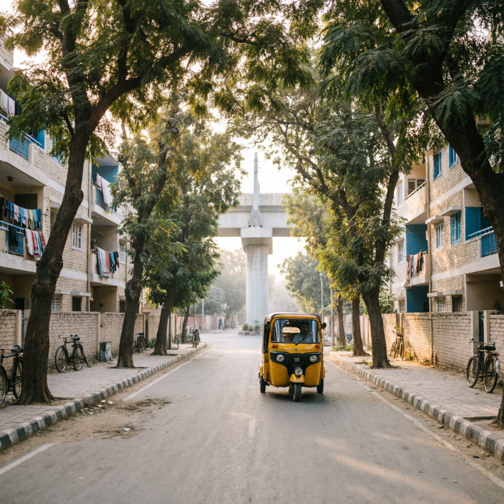 Tree-lined street in Satya Niketan with metro pillar