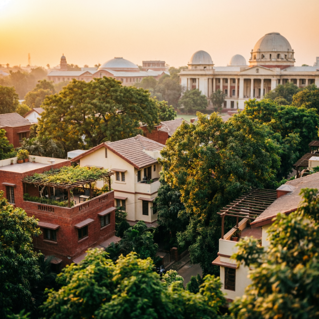 Elevated view over leafy South Delhi neighbourhood at sunset