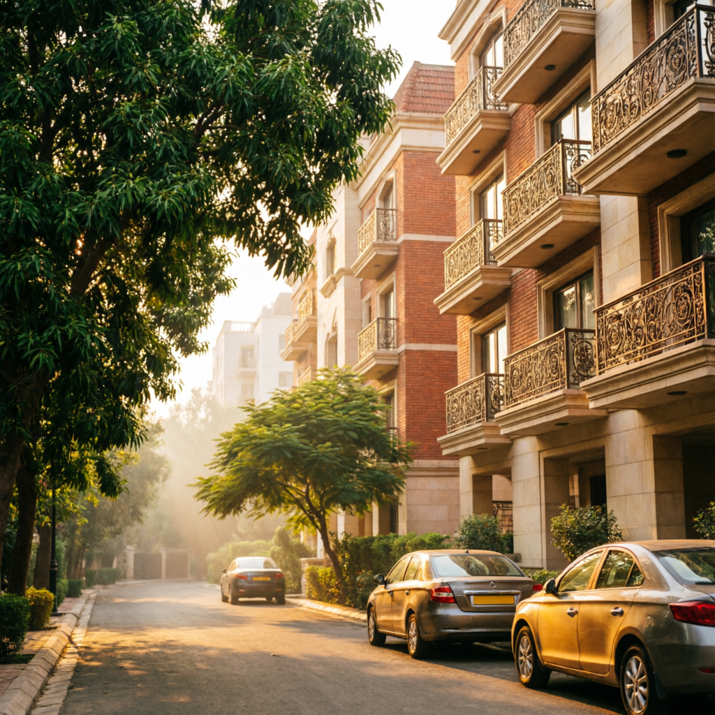 Residential street in South Delhi at golden hour