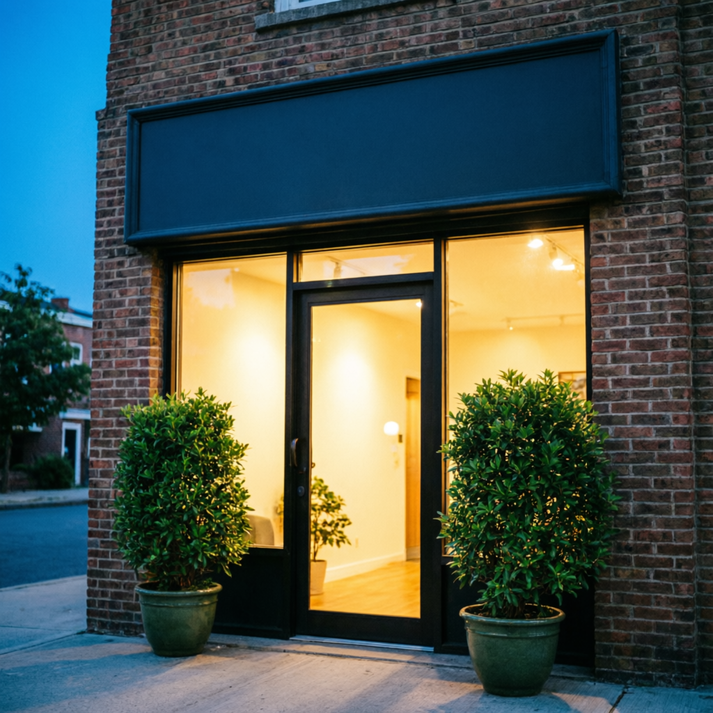 VIP Properties office storefront at evening