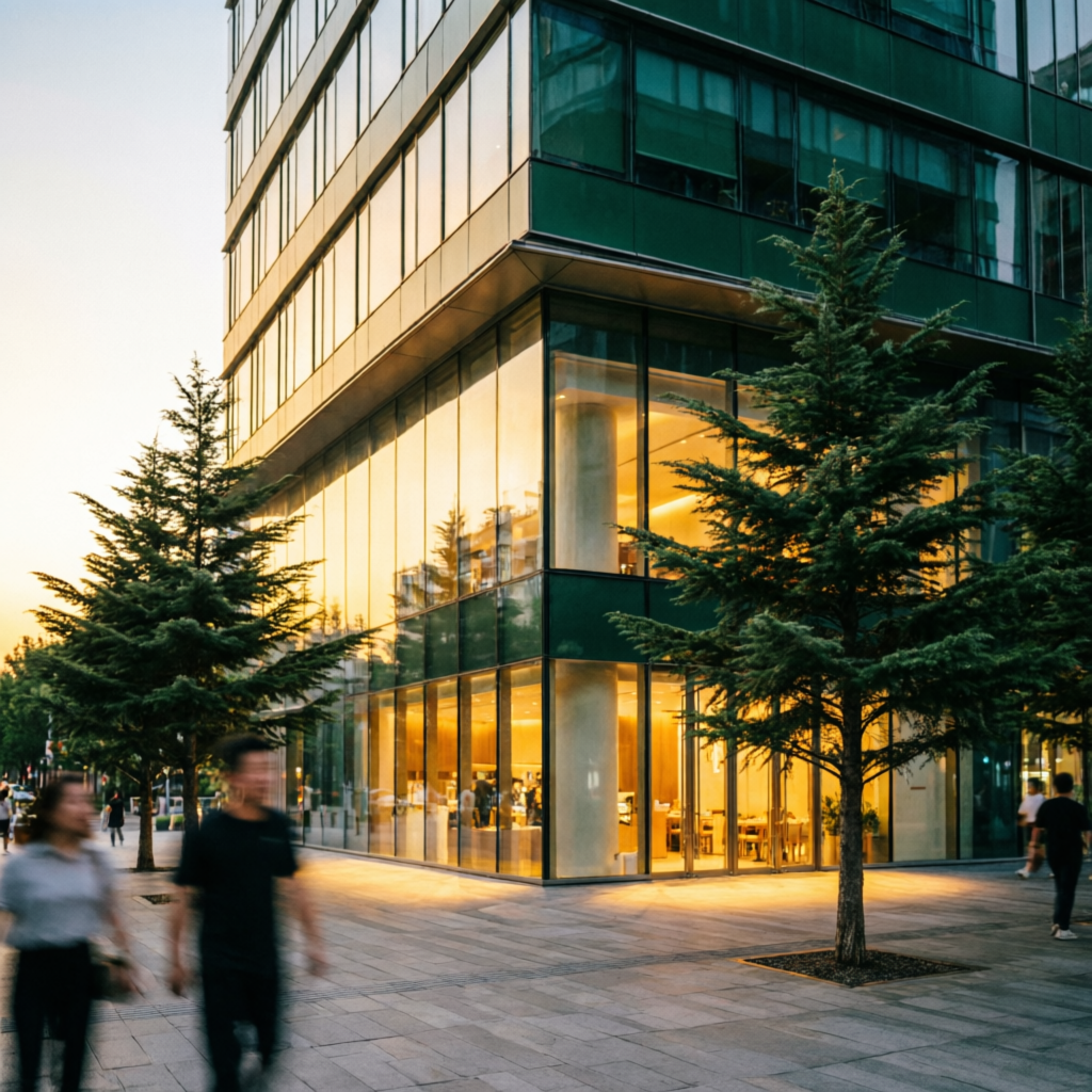 Modern commercial building at dusk