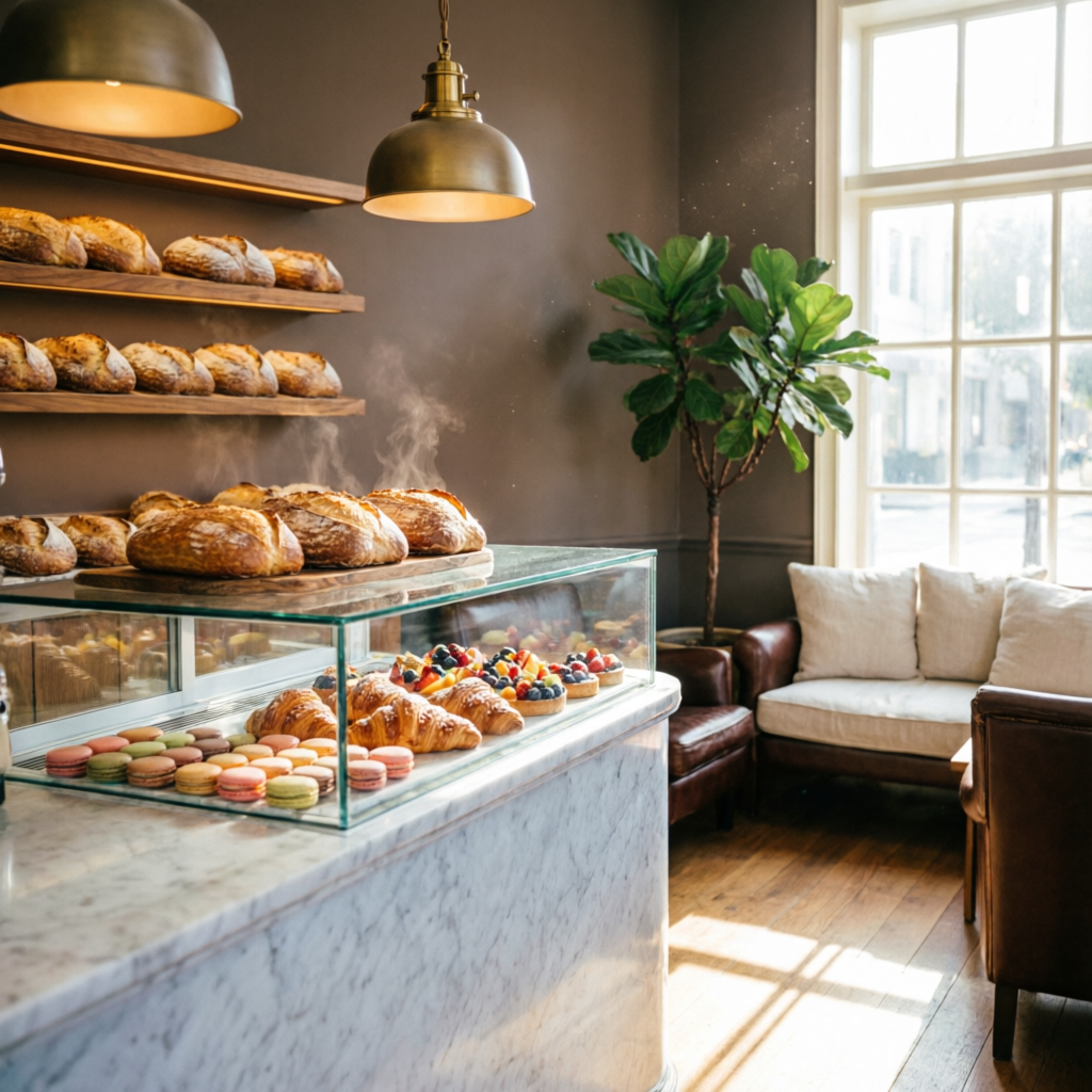 Warmes Bäckerei-Café mit Brotregalen und Marmortresen